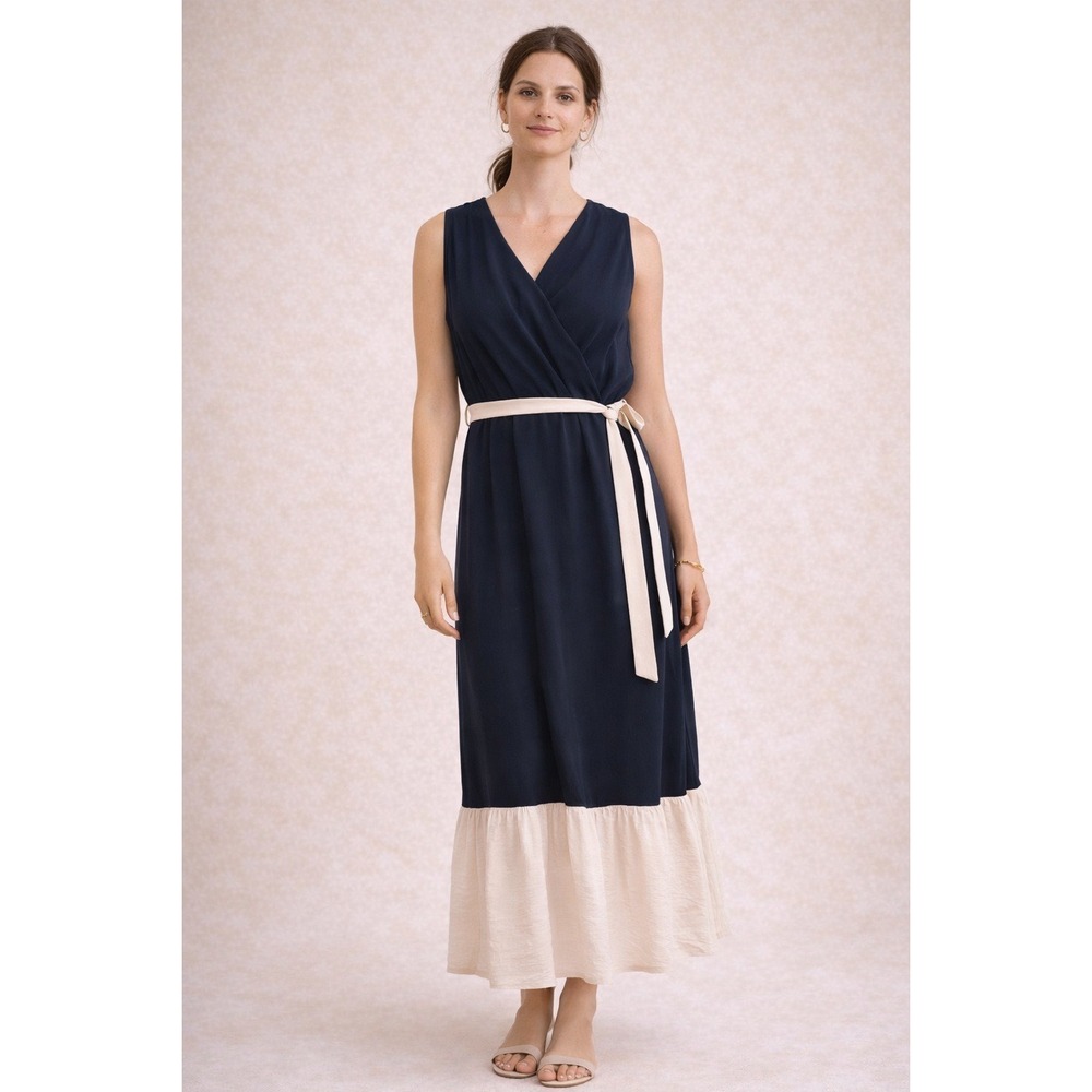 DKNY Navy Blue‎ & Cream Ruffled Maxi Sundress Coastal Grandma Nautical Old Money